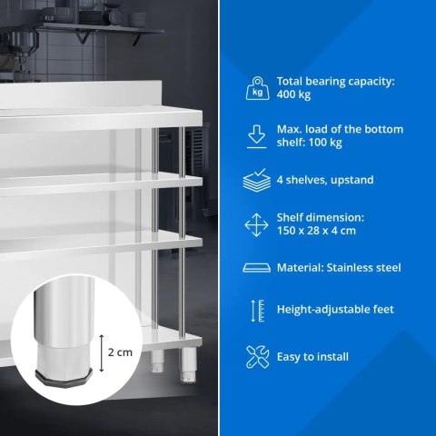 Stół blat barowy roboczy gastronomiczny z rantem 4 półki STAL 150 x 30 x 105 cm