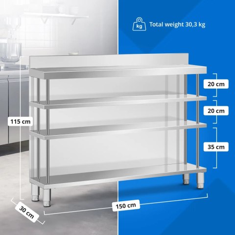 Stół blat barowy roboczy gastronomiczny z rantem 4 półki STAL 150 x 30 x 105 cm