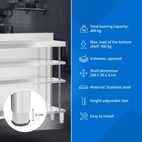 Stół blat barowy roboczy gastronomiczny z rantem 4 półki STAL 250 x 30 x 105 cm