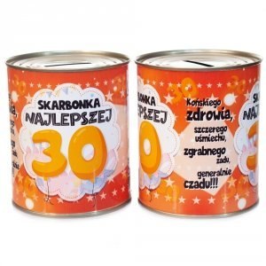 Skarbonka metalowa puszka z napisem "Skarbonka Najlepszej 30"