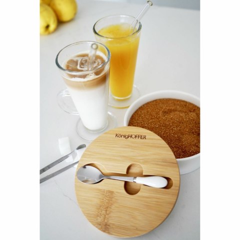 Cukiernica porcelanowa z bambusową pokrywką i łyżeczką Konighoffer 14,5 x 5 cm biała