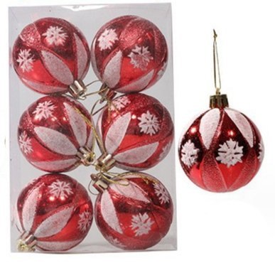 Bombki 6cm CZERWONE białe śnieżynki 6szt. | XVA-108