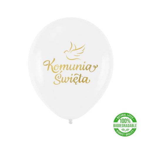 Balony komunijne biodegradowalne Komunia Święta biało-złote 12cali 100szt. 128886