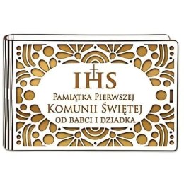 Pudełko na pieniądze banknotówka KOMUNIA - od BABCI i DZIADKA - Ażur 3302A-KOM3Z-BD