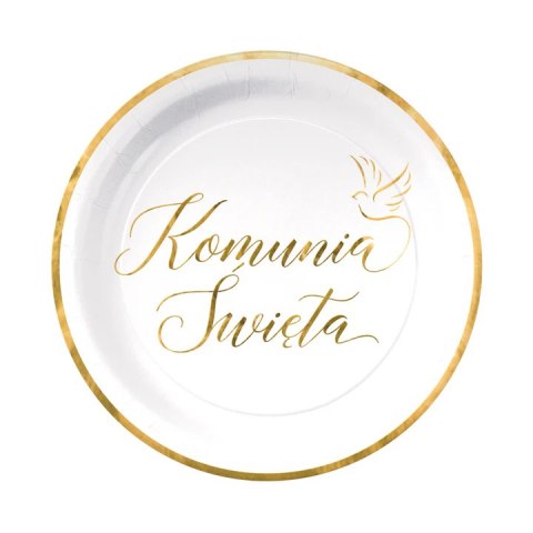 Talerzyki papierowe Komunia Święta biało-złote 7 cali 6 szt. 161708