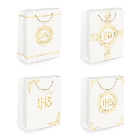 Torebka 12szt na prezenty 26 x 32 x 12cm IHS biało-złota 127469