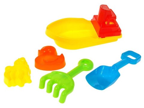 Zabawki do piasku 5 części, łódka 25 x 12 x 10cm z foremkami, łopatka i grabki