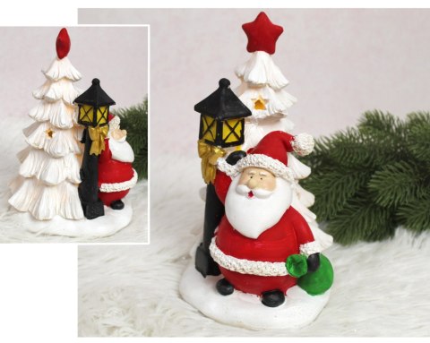 Figurka ceramiczna biała choinka z Mikołajem i latarnią świecąca led 22 x 14 x 12 cm (16198-2) TEC-B135