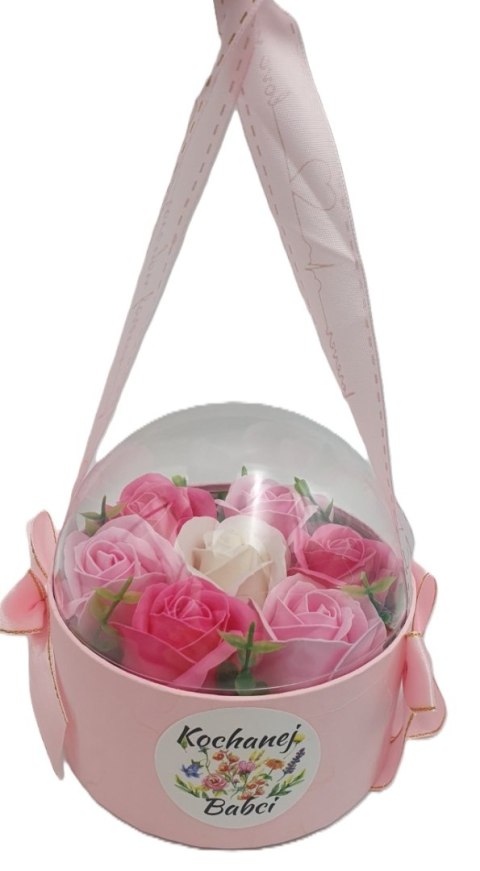 Flowerbox kwiaty mydlane w pudełku koszyk Kochana Babcia