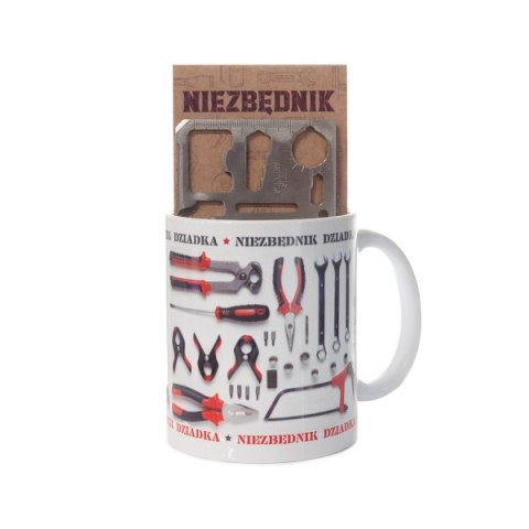 Kubek ceramiczny z napisem NIEZBĘDNIK DZIADKA z narzędziem wielofunkcyjnym.