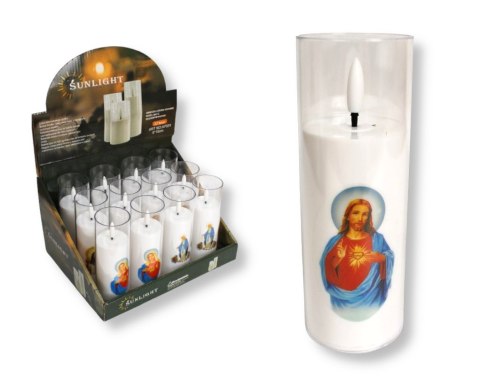 Świeca led ze skaczącym płomieniem w obudowie transparentnej 15 x 5 cm religijna AE-7024