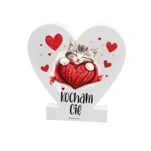 Drewniana tabliczka serce z podstawką wzbogacona lakierem UV z napisem "Kocham Cię" - kotek. 14.8x15x1,5 cm