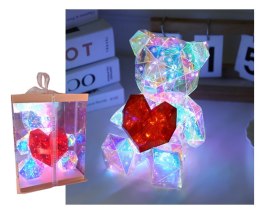 Miś niedźwiadek 17 cm led usb baterie w pudełku transparentny holograficzny z czerwonym sercem BEA-25