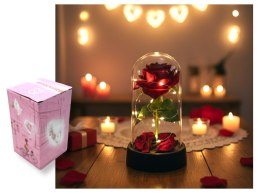 Wieczna RÓŻA LED czerwona na czarnym podstawku z płatkami 15 x 8 cm VAF-2404