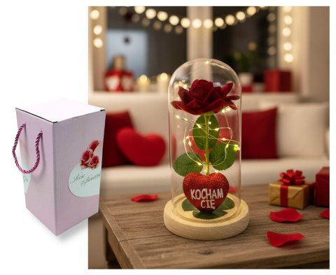 Wieczna RÓŻA LED czerwona na drewnianym podstawku z sercem 21 x 11 cm VAF-2405