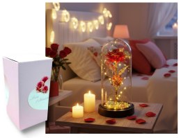 Wieczna RÓŻA LED czerwono złota na czarnym podstawku i listkami 21 x 11 cm VAF-2401