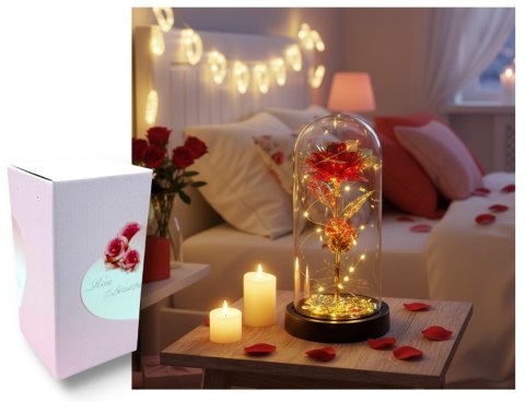 Wieczna RÓŻA LED czerwono złota na czarnym podstawku i listkami 21 x 11 cm VAF-2401