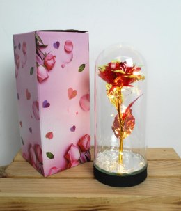 Wieczna RÓŻA LED czerwono-złota na czarnym podstawku z lusterkiem i kryształkami 20x8 cm VAH-2403
