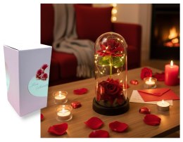 Wieczna RÓŻA LED podwójna czerwona na czarnym podstawku z płatkami 22 x 11 cm VAF-2402