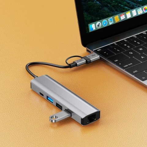 Adapter HUB 5w1 USB-C USB-A Ethernet RJ45 - szary