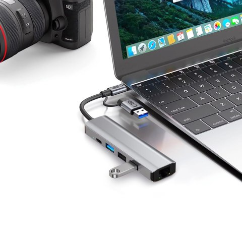 Adapter HUB 5w1 USB-C USB-A Ethernet RJ45 - szary