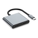 HUB adapter 4w1 USB-C USB-A 2x HDMI 4K 60HZ - szary