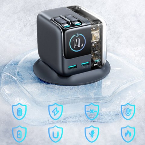 Ładowarka biurkowa 5 portów 2 zwijane kable GaN 140W - szara