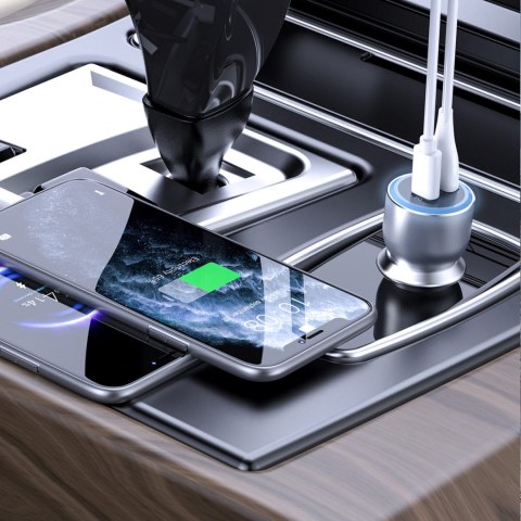 Ładowarka samochodowa USB-A USB-C PD QC LED 120W - szary