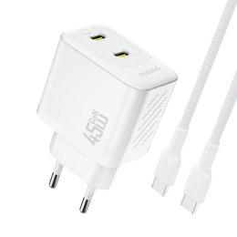 Ładowarka sieciowa 2xUSB-C z kablem USB-C GaN PD 45W - biała