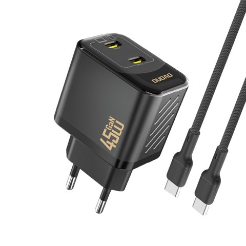 Ładowarka sieciowa 2xUSB-C z kablem USB-C GaN PD 45W - czarna