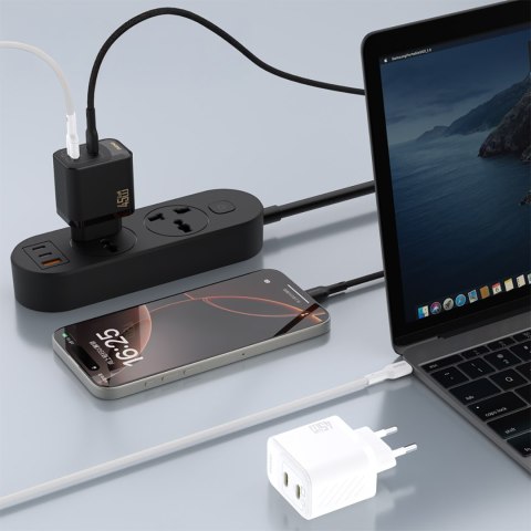 Ładowarka sieciowa 2xUSB-C z kablem USB-C GaN PD 45W - czarna
