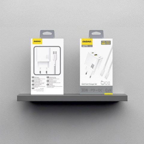 Ładowarka sieciowa USB-A USB-C z kablem USB-C GaN PD 30W - biała