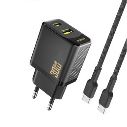 Ładowarka sieciowa USB-A USB-C z kablem USB-C GaN PD 30W - czarna
