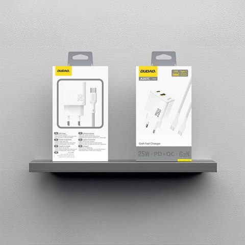 Ładowarka sieciowa USB-A USB-C z kablem USB-C GaN PD QC 25W - biała