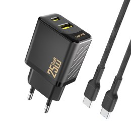 Ładowarka sieciowa USB-A USB-C z kablem USB-C GaN PD QC 25W - czarna