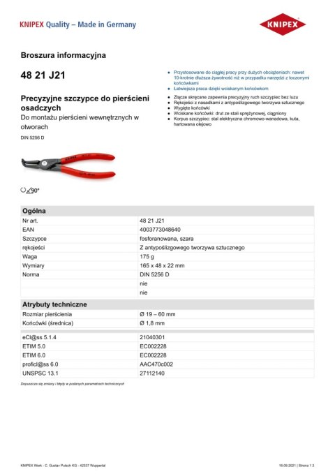 PRECYZYJNE SZCZYPCE DO PIERŚCIENI WEW.WYGIĘTE 165MM KNIPEX