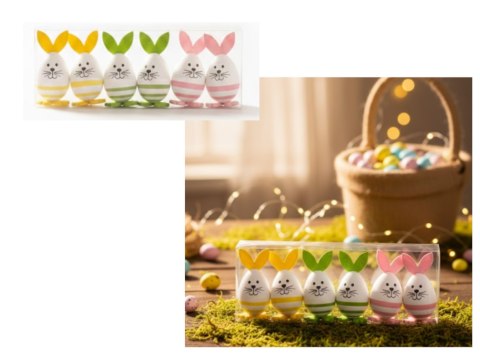 Wielkanocne jajka królik z filcowymi uszami 9 cm kpl 6 szt w plastikowym pudełku EAA-2405