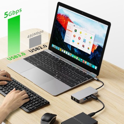 HUB adapter 9w1 USB-C USB-A HDMI SD TF RJ45 4K 60Hz - szary