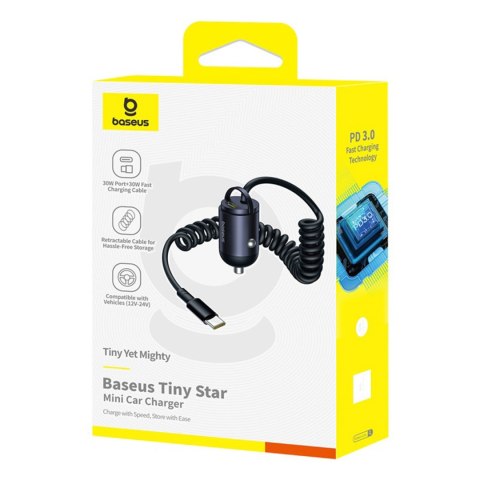 Ładowarka samochodowa USB-C z wbudowanym spiralnym kablem USB-C 30W - czarna