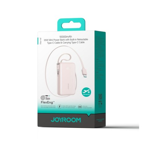 Powerbank 10000mAh 35W ze zwijanym kablem USB-C kablem-smyczą USB-C - różowy