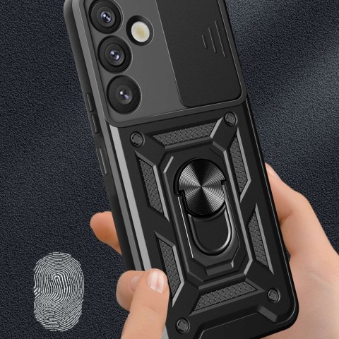 Etui pancerne z osłoną aparatu ringiem podstawką do Samsung Galaxy S25+ Hybrid Armor Camshield - czarny
