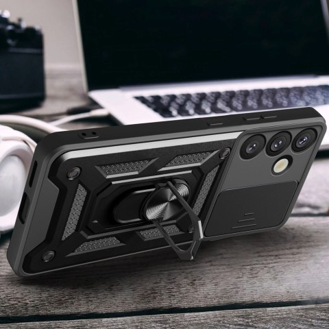 Etui pancerne z osłoną aparatu ringiem podstawką do Samsung Galaxy S25+ Hybrid Armor Camshield - czarny