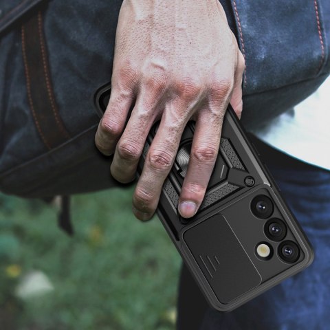 Etui pancerne z osłoną aparatu ringiem podstawką do Samsung Galaxy S25+ Hybrid Armor Camshield - czarny