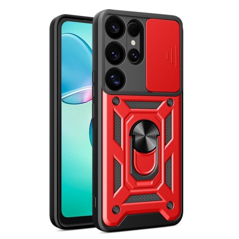 Etui pancerne z osłoną aparatu ringiem podstawką do Samsung Galaxy S25 Ultra Hybrid Armor Camshield - czerwony