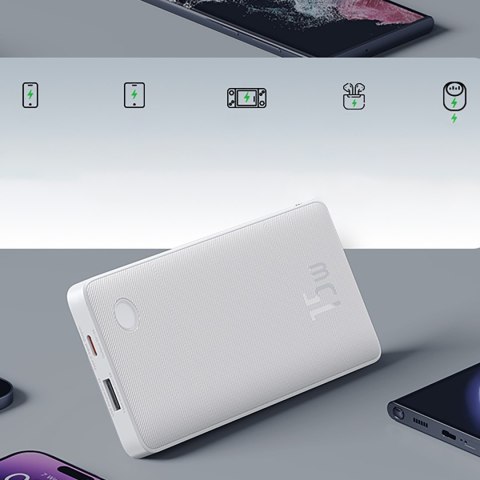 Powerbank 10000mAh 15W Airpow Lite z kablem USB-A - USB-C 30cm - biały