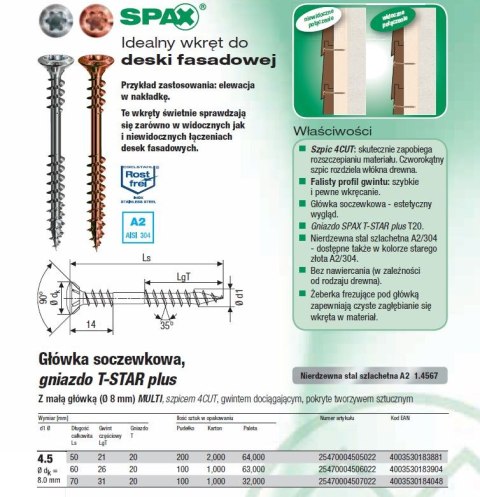 WKRĘT FASADOWY (200) A2 TX 4.5*50MM PODWÓJNY GWINT SPAX