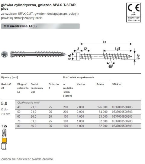 WKRĘT TARASOWY A2 (200) TX 5.0*40MM SPAX-D SPAX