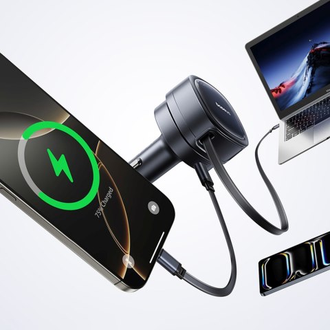 Ładowarka samochodowa USB-A USB-C ze zwijanym kablem USB-C 60W - czarna