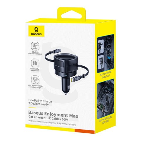 Ładowarka samochodowa ze zwijanymi kablami USB-C 60W - czarna