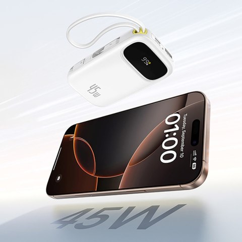 Powerbank 10000mAh 45W FC31 Qpow 3 z wyświetlaczem kablami USB-C iPhone Lightning - biały